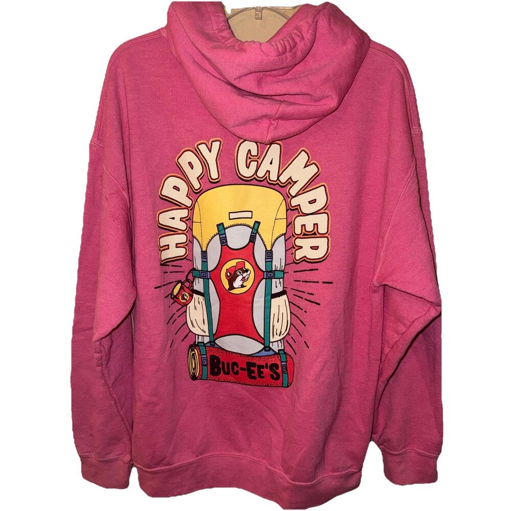 Buc-ee’s Pink Hoodie Large L Happy Camper Beaver Graphic Pullover